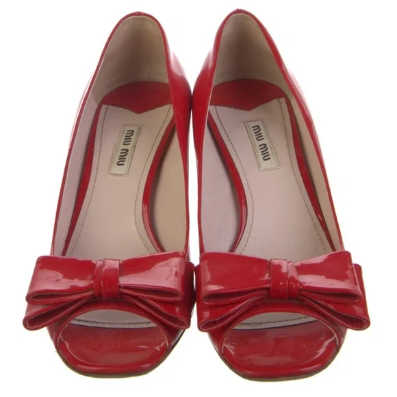 Miu Miu Prada Red Patent Leather Pip Toe Swarovski Crystals Block Heels Pumps - Picture 2 of 7